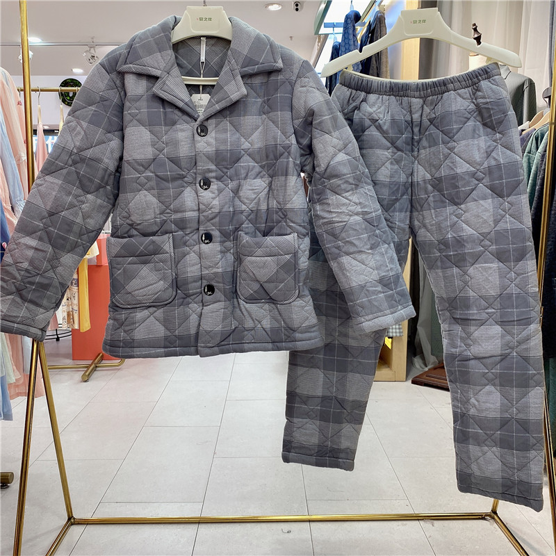 安之伴冬季新品三层加厚保暖梭织纯棉磨毛夹棉男睡衣家居服棉袄套