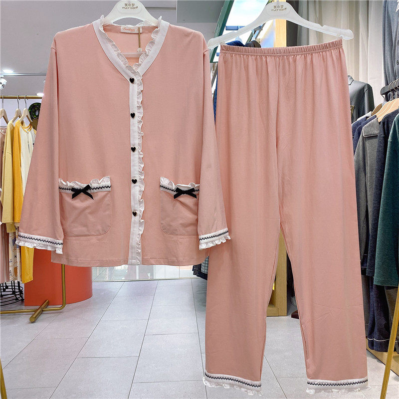 美梦女士睡衣秋季新品针织纯棉甜美小香风少女v领时尚休闲家居服