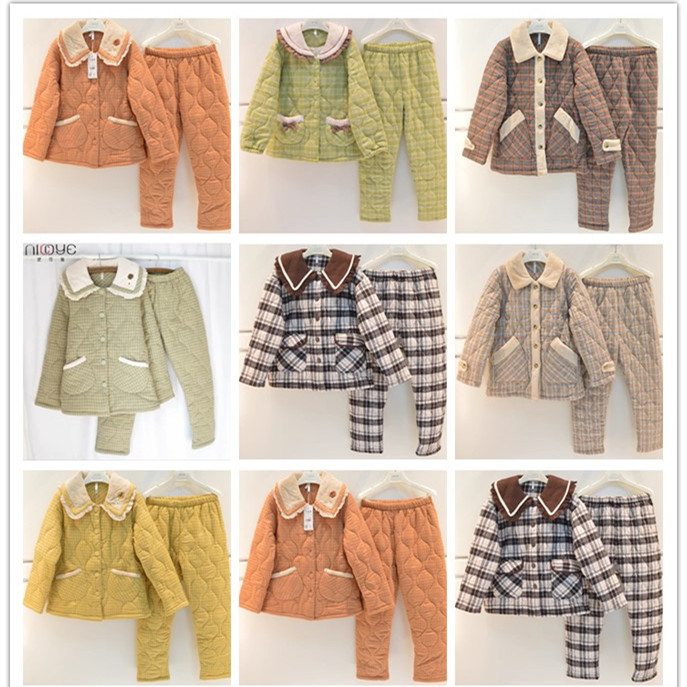 特价款妮可雅睡衣女冬季新品三层加厚梭织磨毛夹棉格子保暖家居服