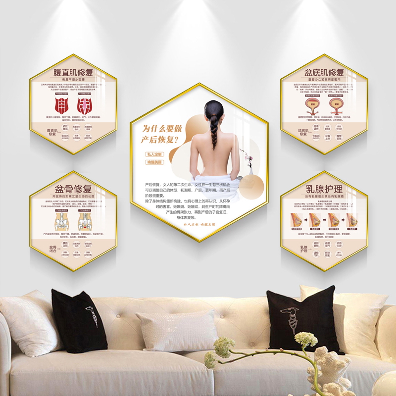 產(chǎn)后修復廣告恢復宣傳畫月子中心美容院產(chǎn)康店墻面裝飾六邊形掛畫