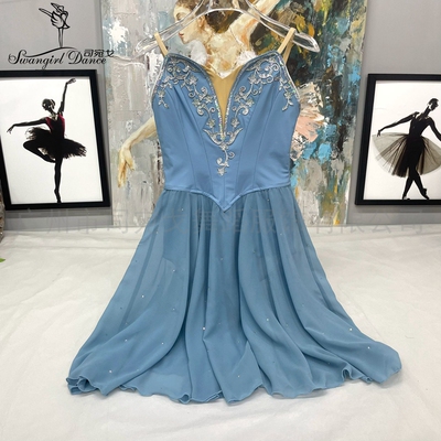 雾霾蓝魔符女变奏PDE比赛芭蕾演出服长雪纺裙定制女童