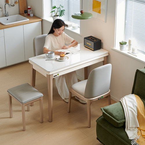 小户型岩板餐桌现代简约实木长方形省空间家用折叠高端轻奢饭桌子