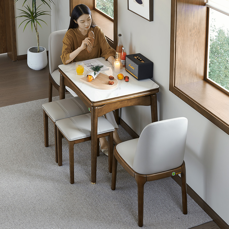 岩板餐桌新中式胡桃色可折叠伸缩小户型家用长方形实木饭桌子80cm