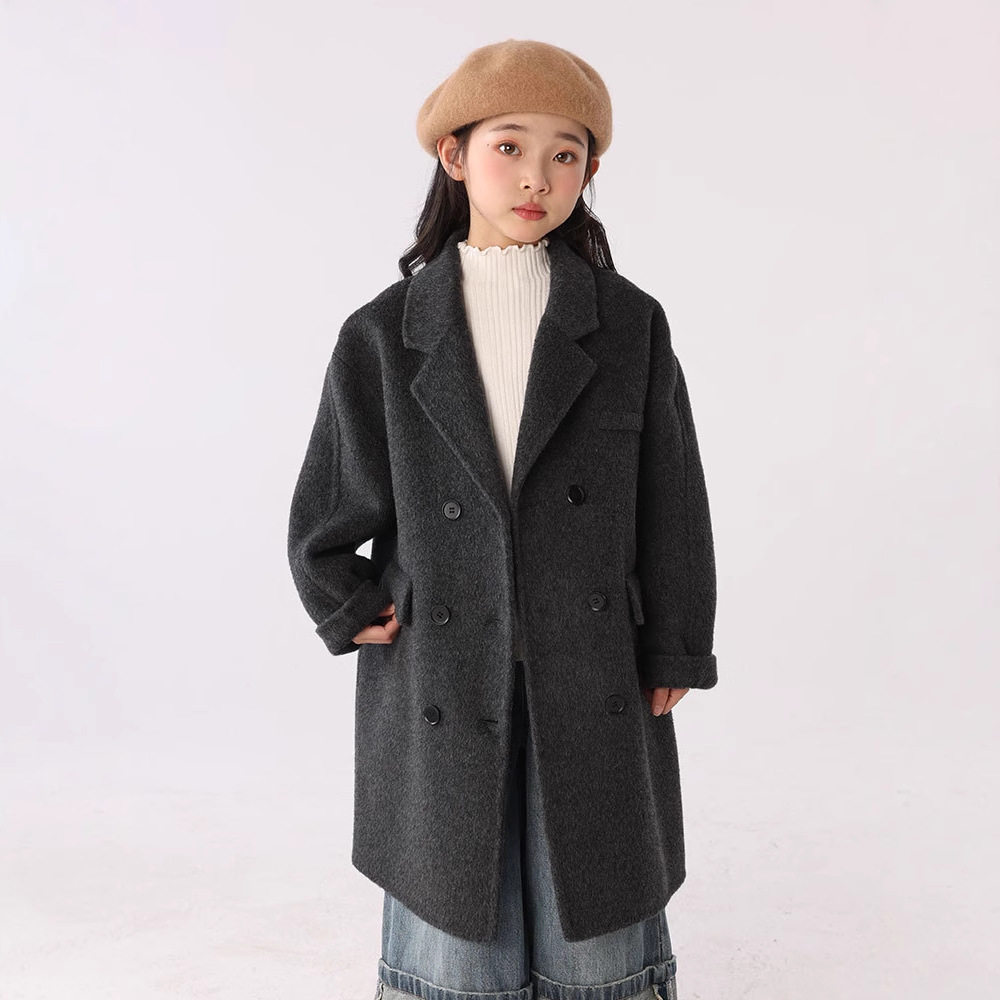 女童双排扣双面羊绒大衣中长款西装领加厚外套秋冬儿童装全羊毛呢