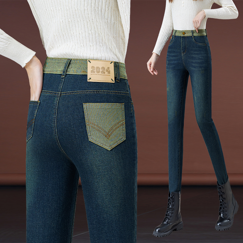 翡翠绿复古紧身牛仔裤2025春秋
