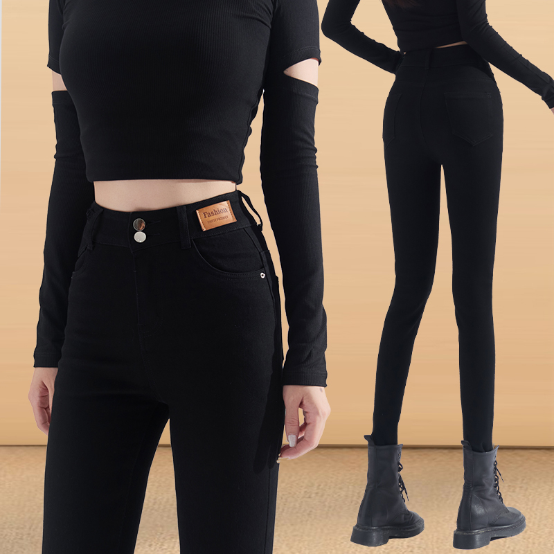 黑色紧身牛仔裤高腰加绒小脚裤