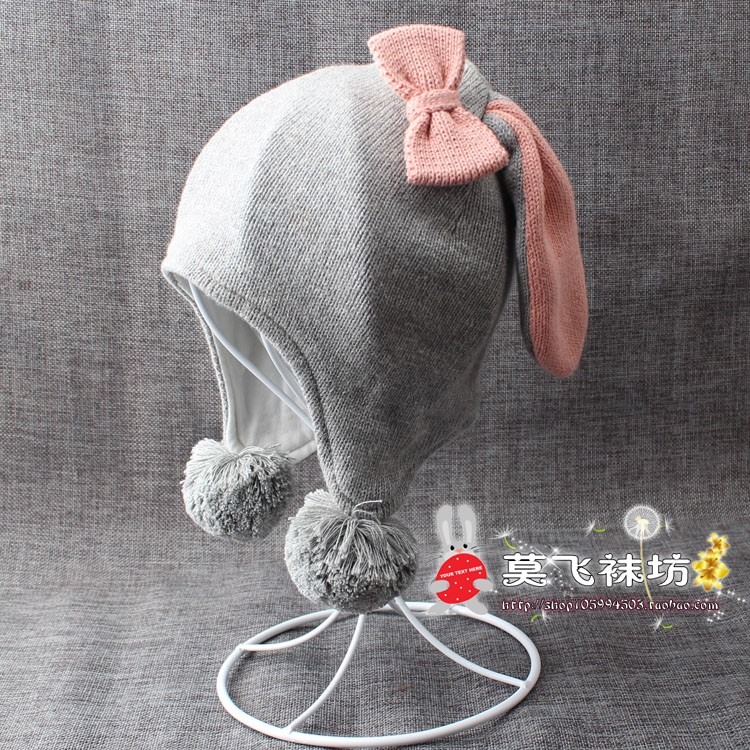 秋冬季全棉长耳朵毛线针织帽子