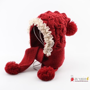 新年红色蕾丝花边公主儿童帽子秋冬宝宝女童毛线围巾一体护耳帽