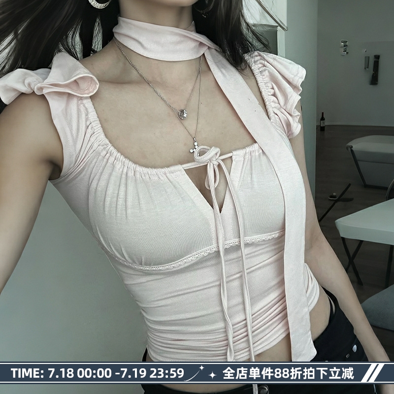 少女感纯欲系带低领小飞袖背心
