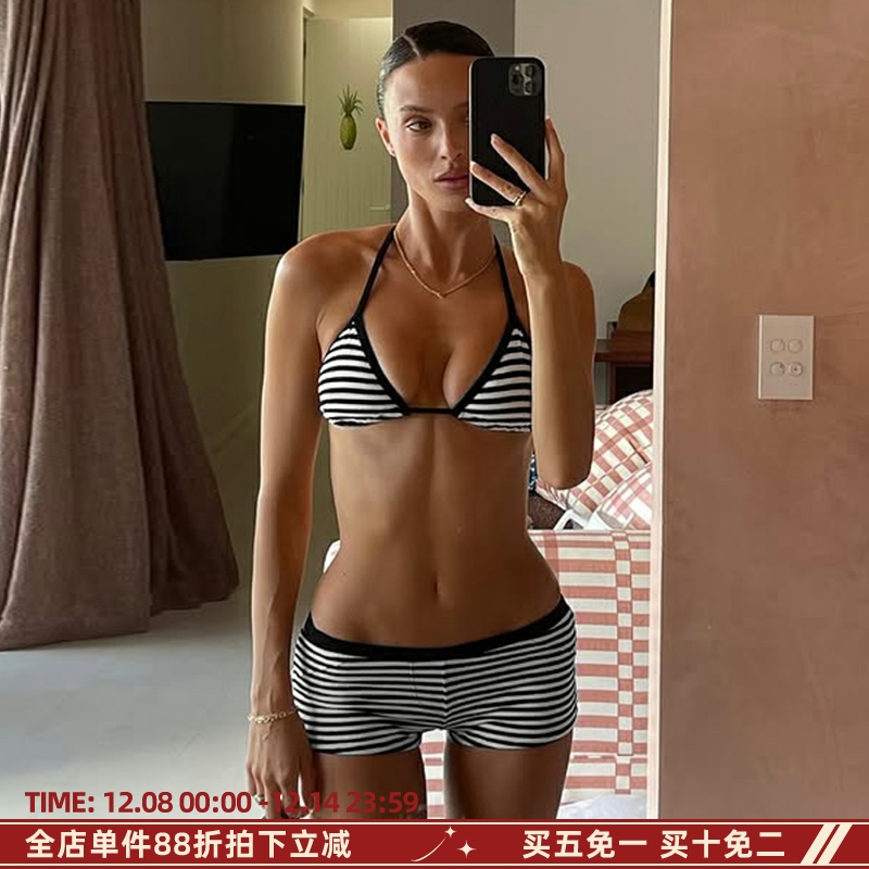 夏威夷度假风撞色条纹比基尼套装