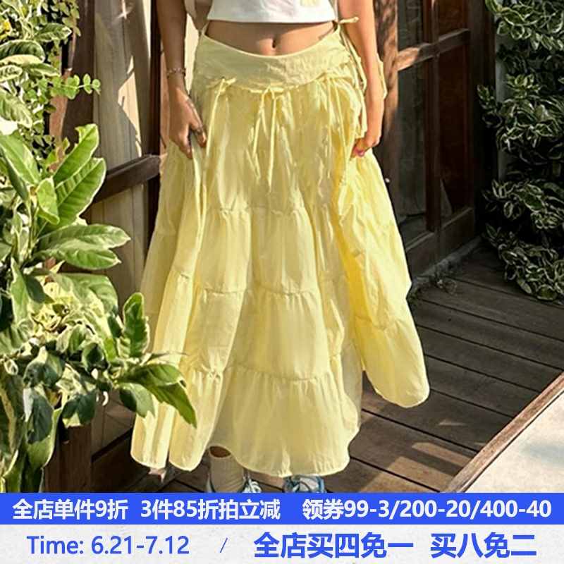 MSYOUCAN 憧憬夏日明亮多巴胺黄色半身裙蝴蝶结拼接系带百搭长裙