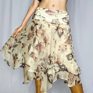MSYOUCAN 田奢风春日图景印花网纱半身裙低腰复古vintage中长裙夏