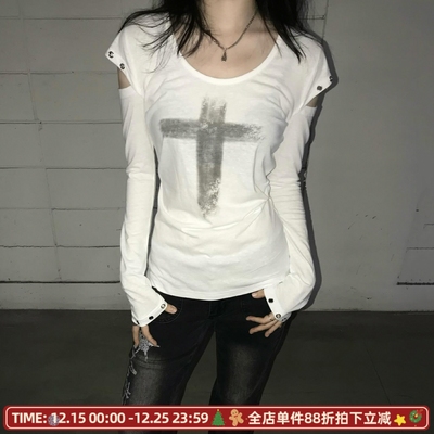 哥特十字架印花做旧感拆卸袖T恤