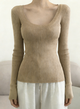 MSYOUCAN 法式极简纯欲低胸U领纯色毛衣女修身显瘦辣妹毛织套头衫