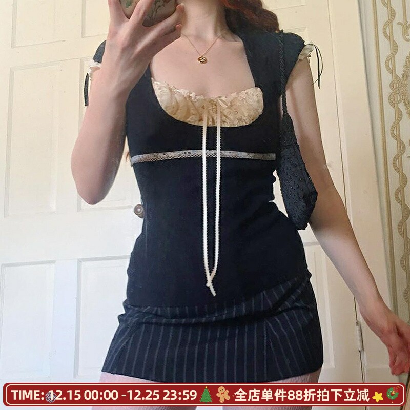 欧美乡村古着假两件蕾丝拼接T恤