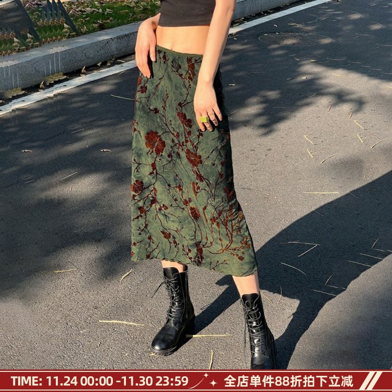 新中式植物系印花vintage半身裙