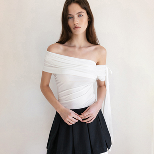 MSYOUCAN 极简设计感扭结绑绳飘带一字肩T恤修身显瘦纯色百搭上衣