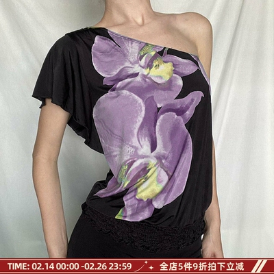 馥郁紫色花卉印花斜肩宽松T恤