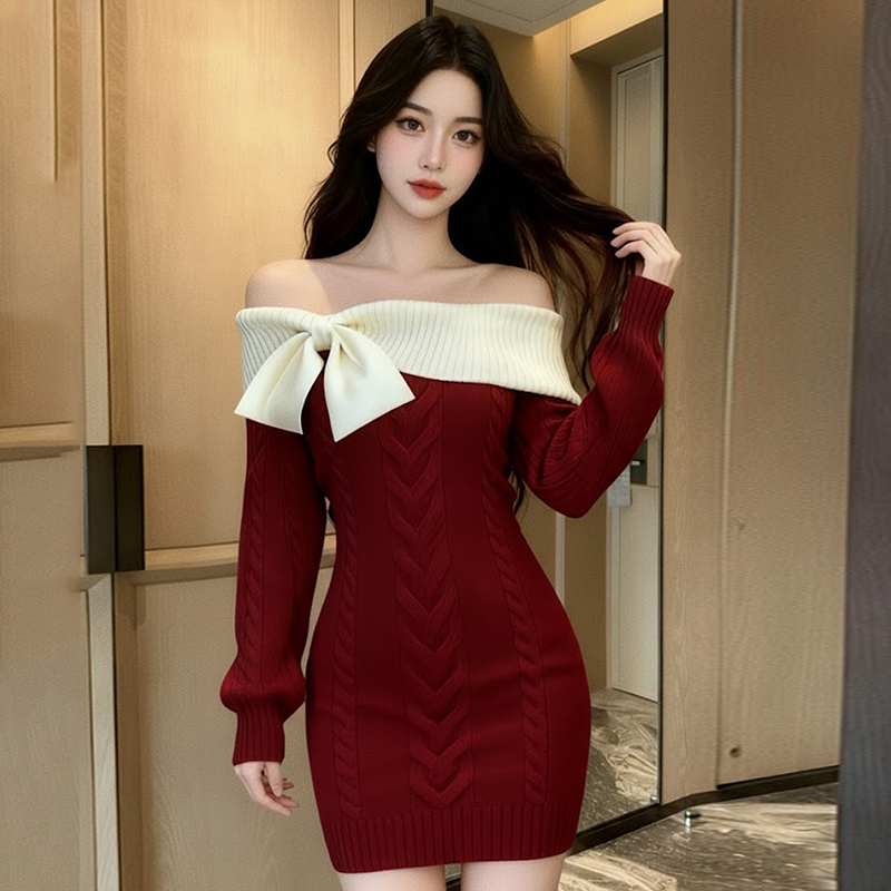 复古圣诞一字领蝴蝶结连衣裙