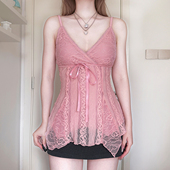 MSYOUCAN 甜美粉嫩蕾丝蝴蝶结小背心修身 显瘦减龄少女A摆吊带上衣