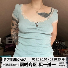 雾霭迷雾蕾丝花边修身 低圆领T恤复古百搭拼接针织上衣女 MSYOUCAN