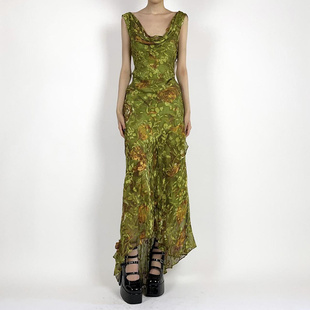 MSYOUCAN 迷雾苔藓古着感vintage连衣裙碎花绿色系印花荡领长裙夏