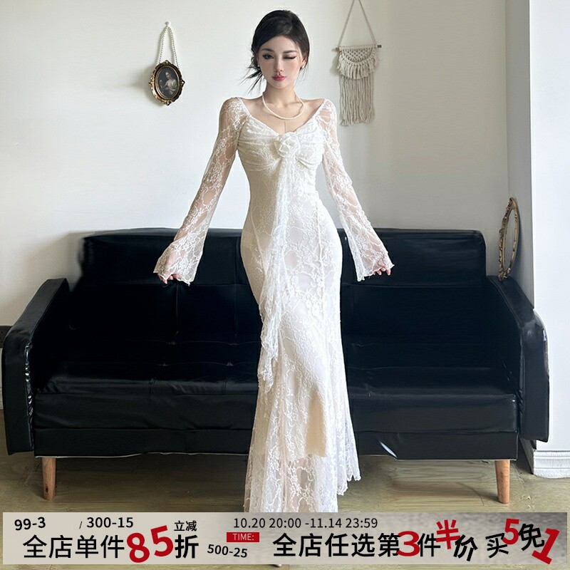MSYOUCAN 留洋千金立体玫瑰飘带V领连衣裙蕾丝拼接飘逸鱼尾长裙女