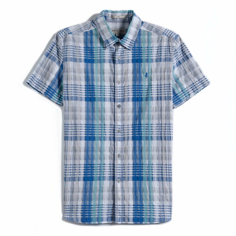 MCS万宝路男装复古洗水夏季男士休闲格子短袖衬衫洗水做旧上衣男