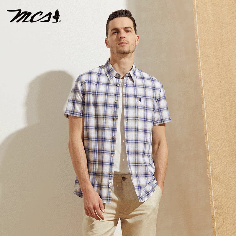 MCS万宝路男装宽松短袖衬衫中年薄款商务休闲格子半袖衬衣爸爸装