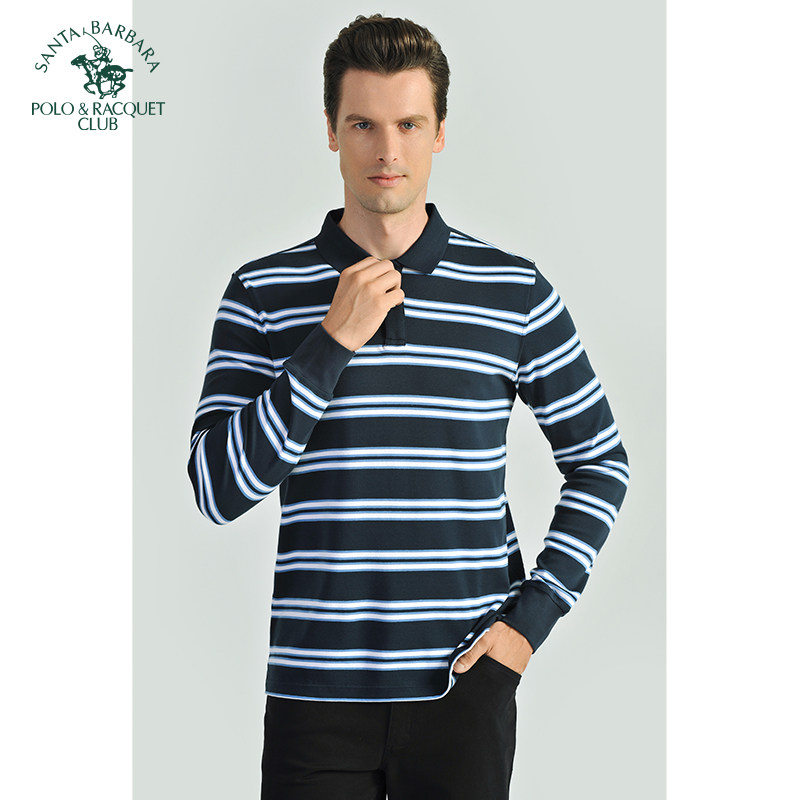 圣大保罗男装修身纯棉春秋翻领长袖t恤中老年男装上衣polo打底衫