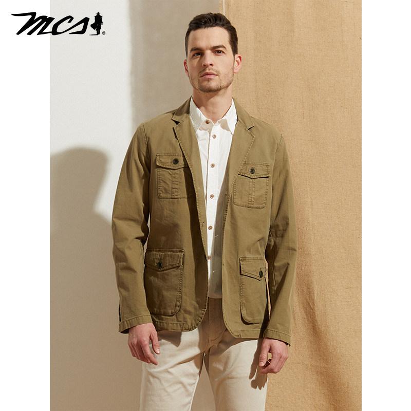MCS男装休闲直下摆西服西装外套工装风格男士复古多口袋春夏薄款