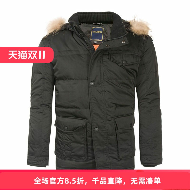圣大保罗品质行货大码男装貉子毛可脱卸帽灰鸭绒羽绒服PW12WJ808