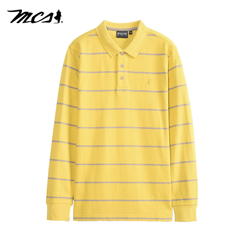 MCS万宝路男装新款上衣春秋POLO衫爸爸装中年翻领条纹男棉长袖t恤