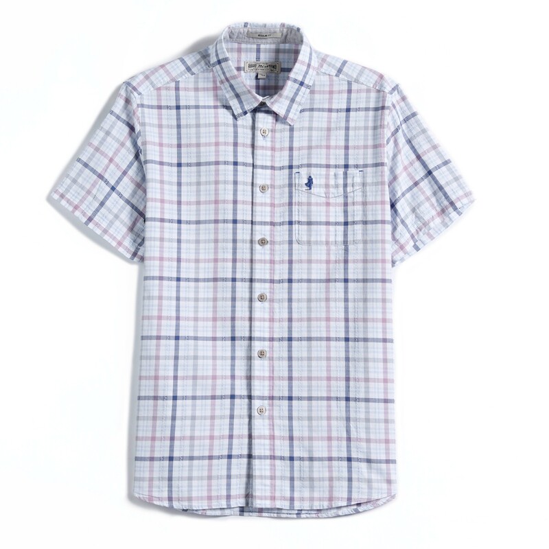 MCS万宝路男装夏季宽松大码衬衣纯棉休闲中年短袖衬衫格子父亲装