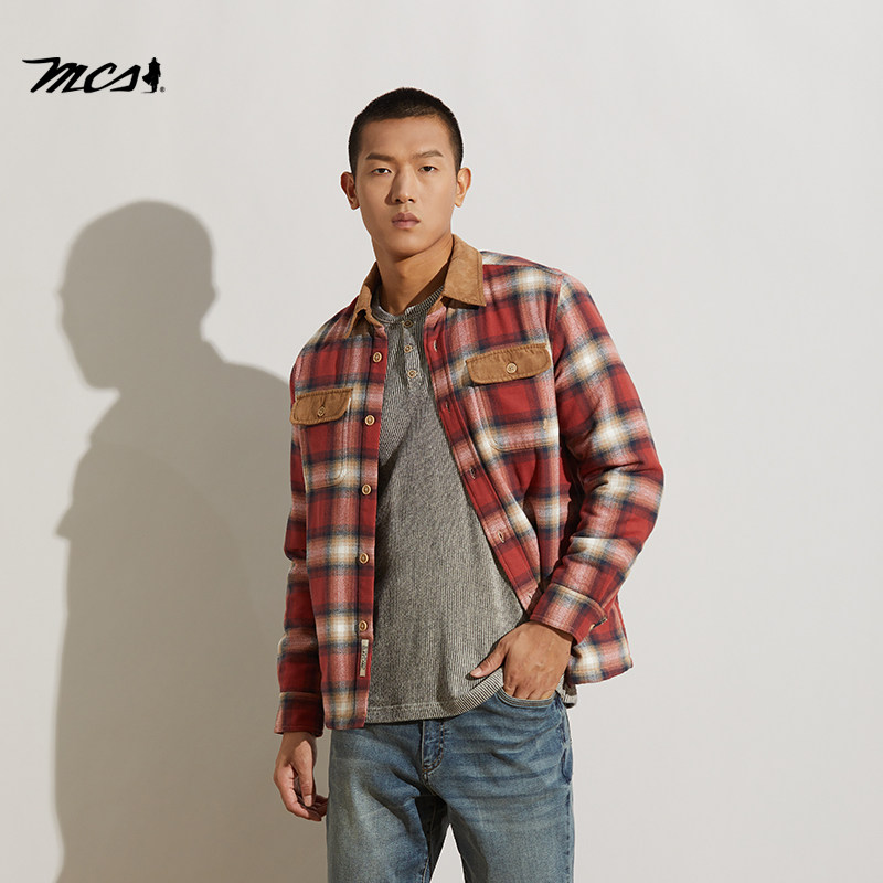 MCS男装棉衣秋冬格子衬衫式棉服全棉外套休闲中年爸爸装保暖棉衣