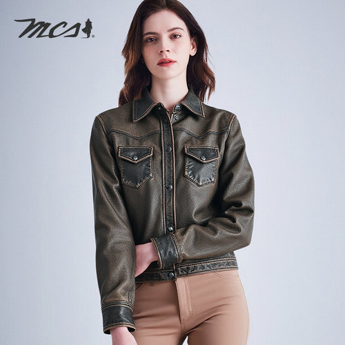 MCS秋冬砂洗牛皮真皮皮衣女