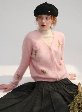 DIGBUTY'玫瑰的故事'超幼马海毛软糯针织开衫羊毛田园风花朵毛衣