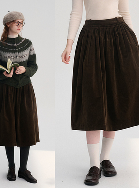 DIGBUTY'漫步哥本哈根'灯芯绒半身裙秋冬新款手工捏褶a字蓬蓬裙女