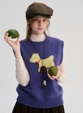 DIGBUTY'狗狗日常'北欧提花针织背心羊毛慵懒叠穿马甲女无袖上衣