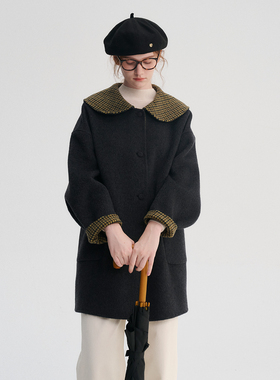 DIGBUTY'致电爱丽丝'羊毛双面呢外套复古格纹拼接法式大衣中长款