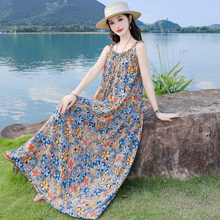 2025新款夏季纯棉绸连衣裙女长款到脚裸大码睡衣无袖吊带外穿睡裙