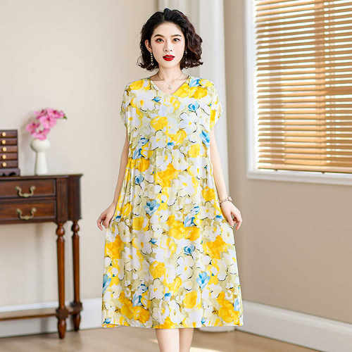 夏季薄款纯棉绸连衣裙女大码短袖