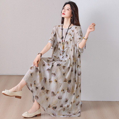 夏季妈妈棉绸连衣裙女中长款大码
