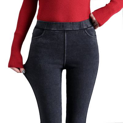 小个子八分松紧腰烟灰色牛仔裤女秋冬加绒高腰显瘦百搭小脚九分裤
