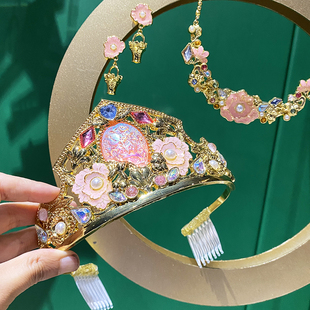 迪士尼正品粉色睡美人合金皇冠项链耳夹发箍