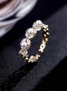 日韩新款戒指ins小众设计蝴蝶精致轻奢锆石珍珠气质开口指环女