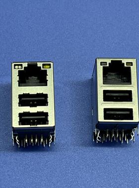 JFM38U1B-F2V9-4F 防雷 RJ45+双层USB2.0  卧式DIP  左绿橙/右黄