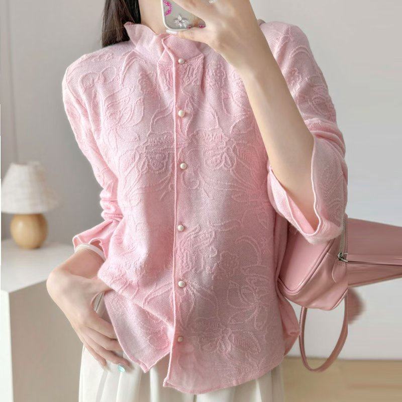 欧洲站全羊毛+欧根纱提花针织衫25秋冬纯色大码减龄木耳领开衫女