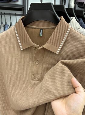 春秋季男士菠萝纹莫代尔棉长袖纯色POLO衫下摆开叉中年净版T恤潮