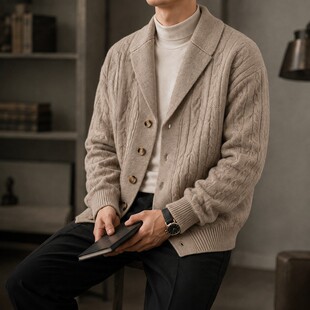 开衫毛衣冬季男式长袖单排扣羊毛衫男装加厚麻花辫提花针织衫外套